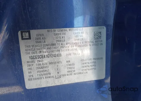 2016 Chevrolet Colorado Lt из США, поврежденный, VIN 1GCGSCEA1G1242408